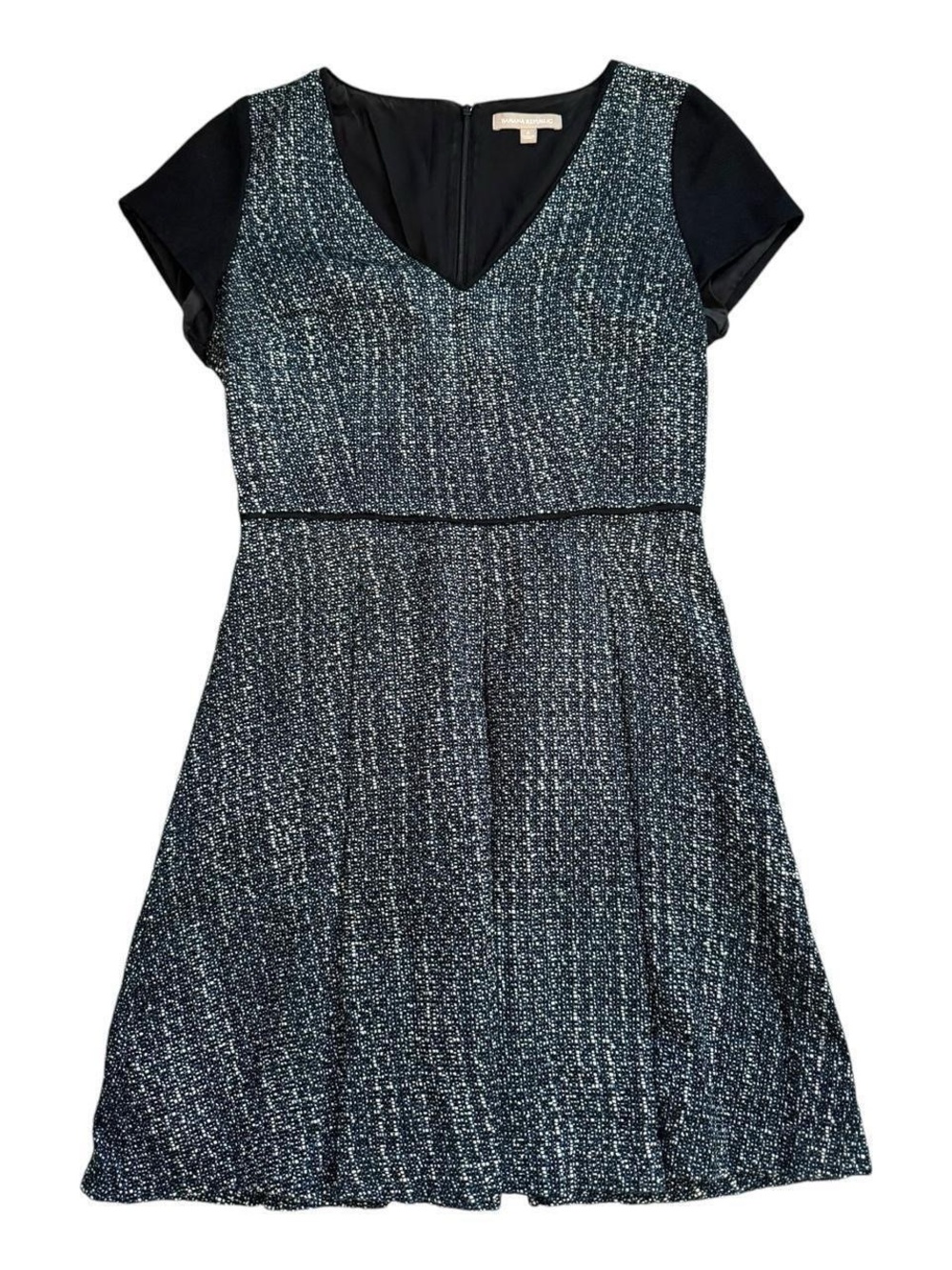 Banana Republic Black & Silver Tweed V‑Neck Fit-and-Flare Dress